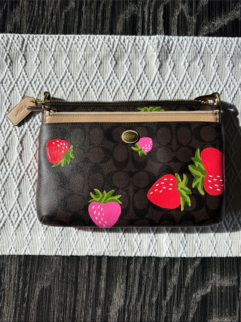 Coach Duo Dark Brown Signature Strawberries Coated Leather Crossbody Bag & Pouch